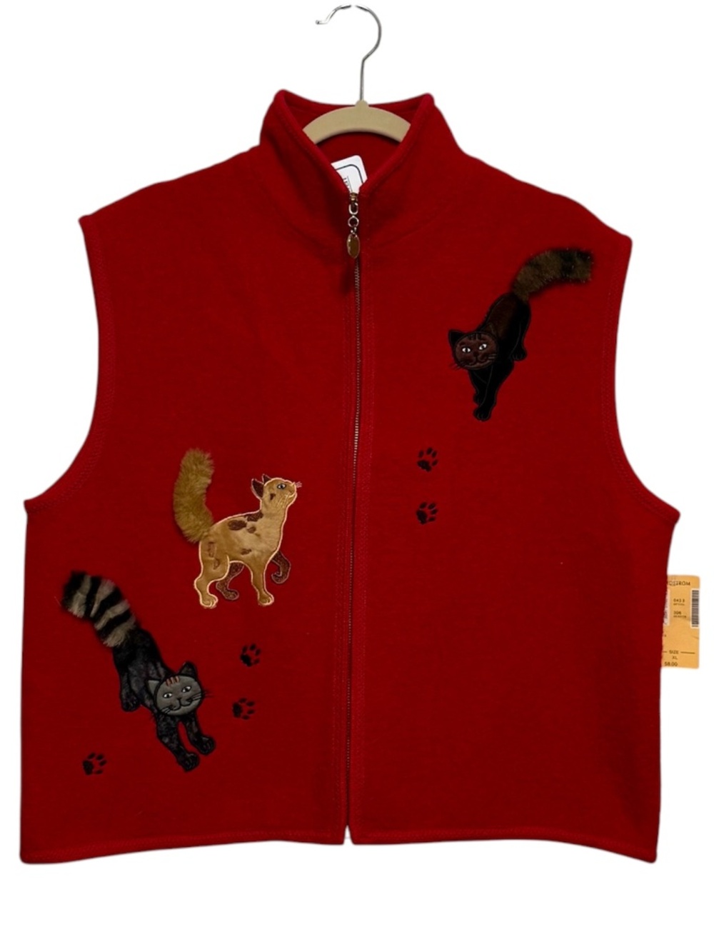 NWT Vintage Lisa International Boiled Wool Cat Vest Size XL Red Deadstock